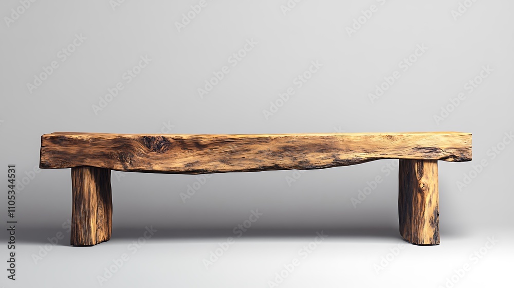 A rustic wooden bench with visible knots and textured wood grain, placed against a solid gray background, soft directional lighting highlighting the natural texture, earthy and artisanal A rustic wooden bench with visible knots and textured wood grain, placed against a solid gray background, soft directional lighting highlighting the natural texture, earthy and artisanal