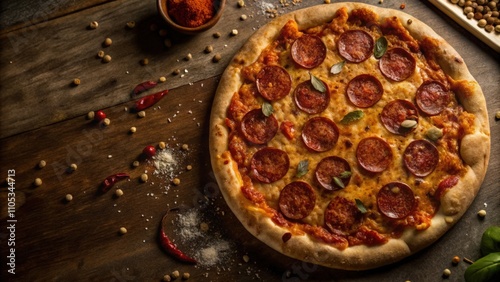 Pepperoni Pizza with Basil and Spices on Wooden Background photo