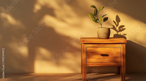 A handcrafted wooden bedside table with a single drawer, rich teak wood color, set on a muted brown background, soft warm lighting, homely and inviting photo