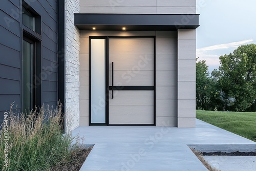 Contemporary light grey wood door with sidelight, frosted glass, and black trim.