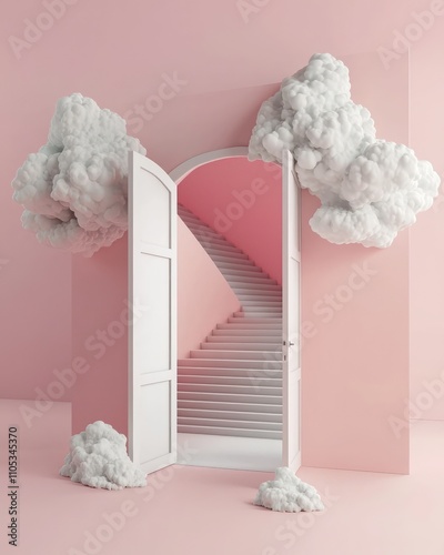 3D rendering of an open door with clouds and stairs in a minimalist pink room.