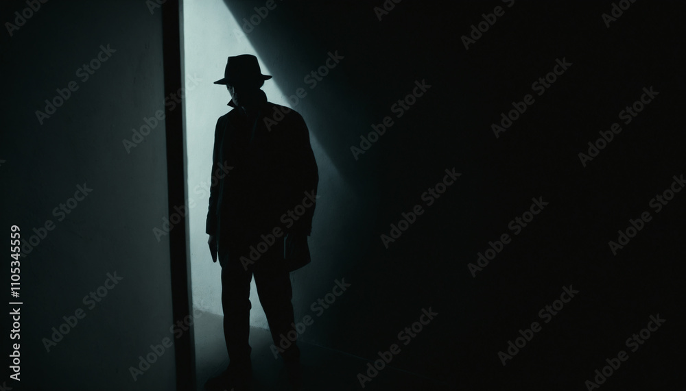 person standing in the shadows half lit. spy person standing in the shadows half lit. spy