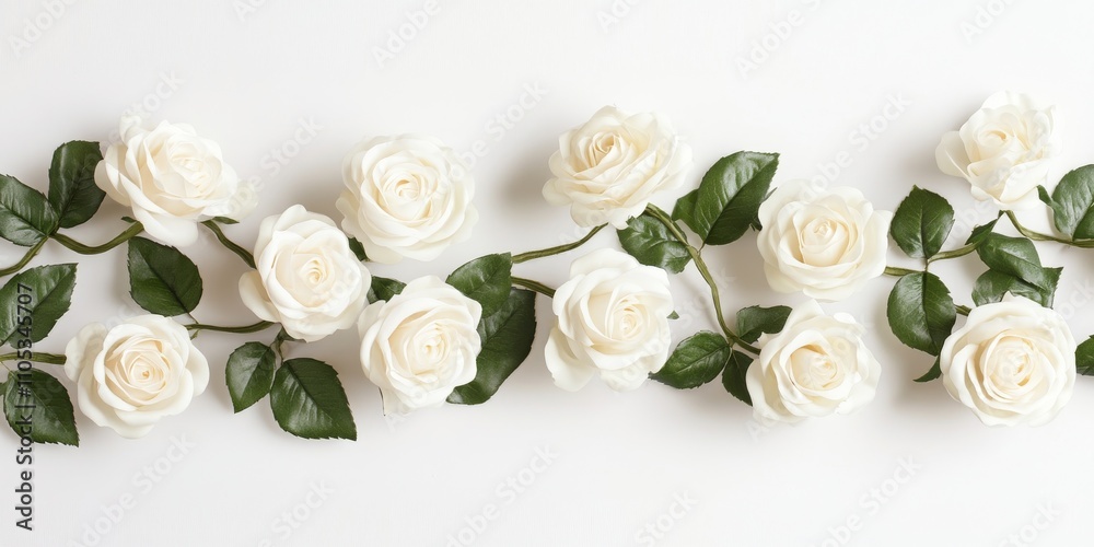 Artificial white roses delicately arranged on a white background create a serene visual. This image of artificial white roses highlights their elegance and beauty with selective focus. Artificial white roses delicately arranged on a white background create a serene visual. This image of artificial white roses highlights their elegance and beauty with selective focus.
