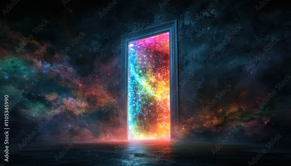 A doorway to a vibrant world of light and color, contrasting with dark surroundings. A doorway to a vibrant world of light and color, contrasting with dark surroundings.