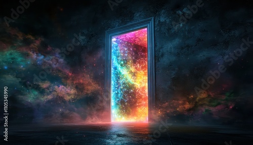 A doorway to a vibrant world of light and color, contrasting with dark surroundings.