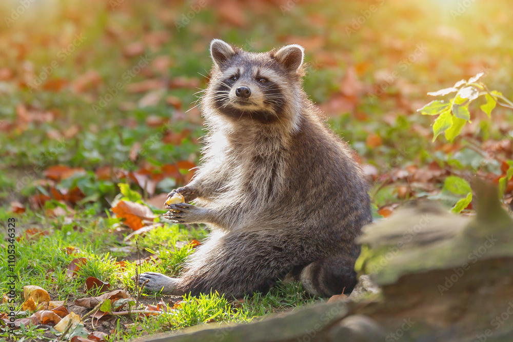 Obraz premium Raccoon sits on the grass with autumn leaves in the rays of the sun, a photo of an animal. Predatory mammal of the raccoon family. Environmental protection, environmental issues. Animal in autumn