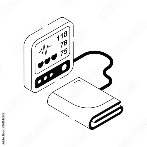 Isometric icon of digital blood pressure monitor for health diagnostics