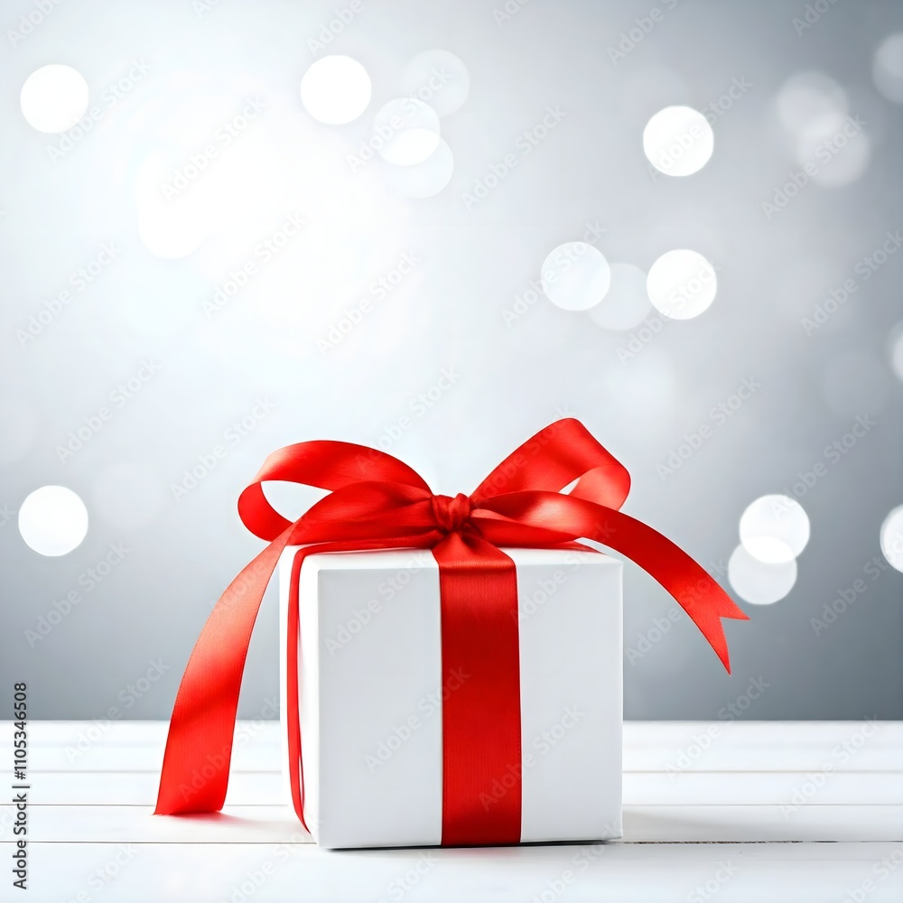 Elegant White Gift Box with Red Ribbon on Soft Background, gift box with ribbon Elegant White Gift Box with Red Ribbon on Soft Background, gift box with ribbon
