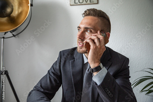 Junger Mann im Homeoffice Arbeiten am Schreibtisch Laptop konzentriert produktiv im modernen Homeoffice Umfeld photo