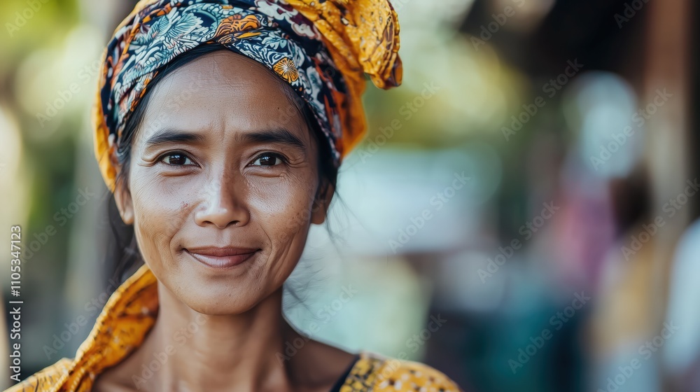 A Balinese woman with a radiant smile, wearing a patterned yellow headscarf and traditional attire, standing outdoors in a natural, sunlit environment with a soft bokeh background, with copy space. A Balinese woman with a radiant smile, wearing a patterned yellow headscarf and traditional attire, standing outdoors in a natural, sunlit environment with a soft bokeh background, with copy space.