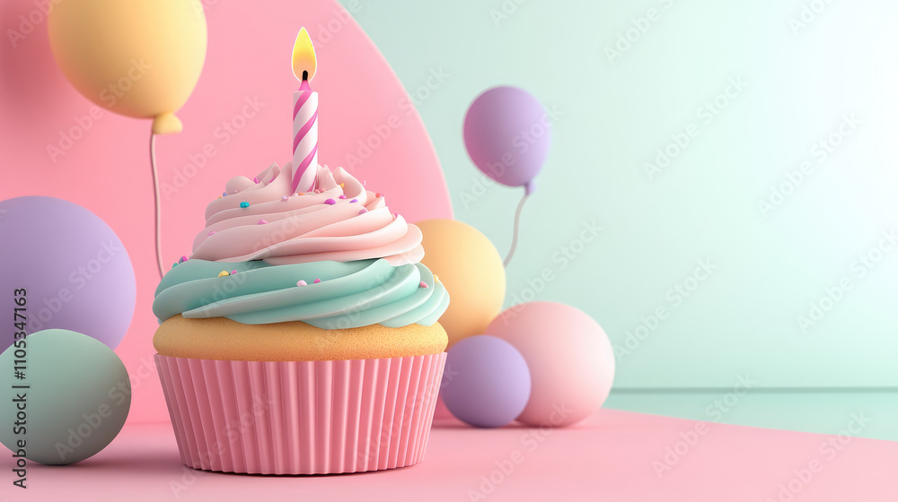 A charming, simple 3D-rendered birthday cupcake with smooth icing, a glowing candle, and subtle balloon and sprinkle details for a clean design.
