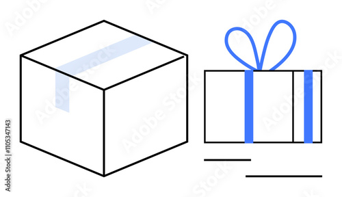 Two boxes display different purposes with simple line art one has tape for shipping, the other a bow for gifting. Ideal for shopping, shipping, holidays, celebrations, events, online stores