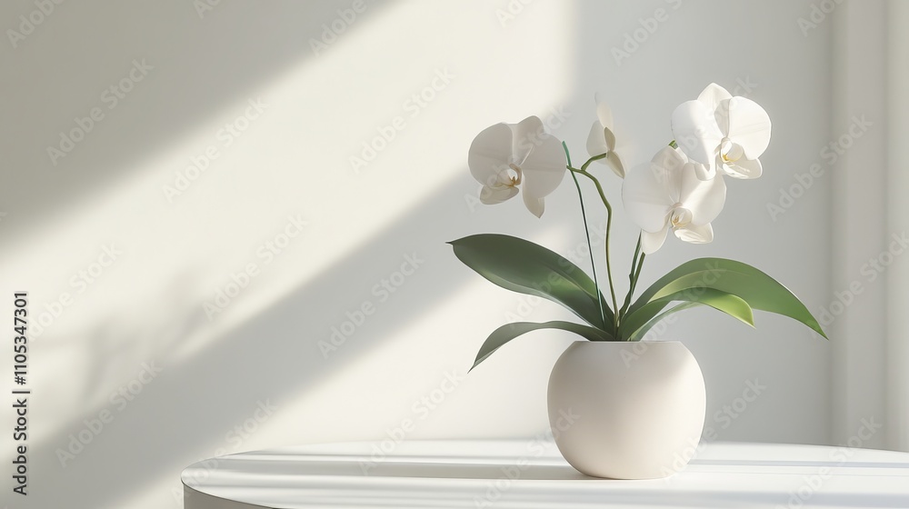 Elegant orchid in bloom within a simple ceramic planter on a clean white background Elegant orchid in bloom within a simple ceramic planter on a clean white background