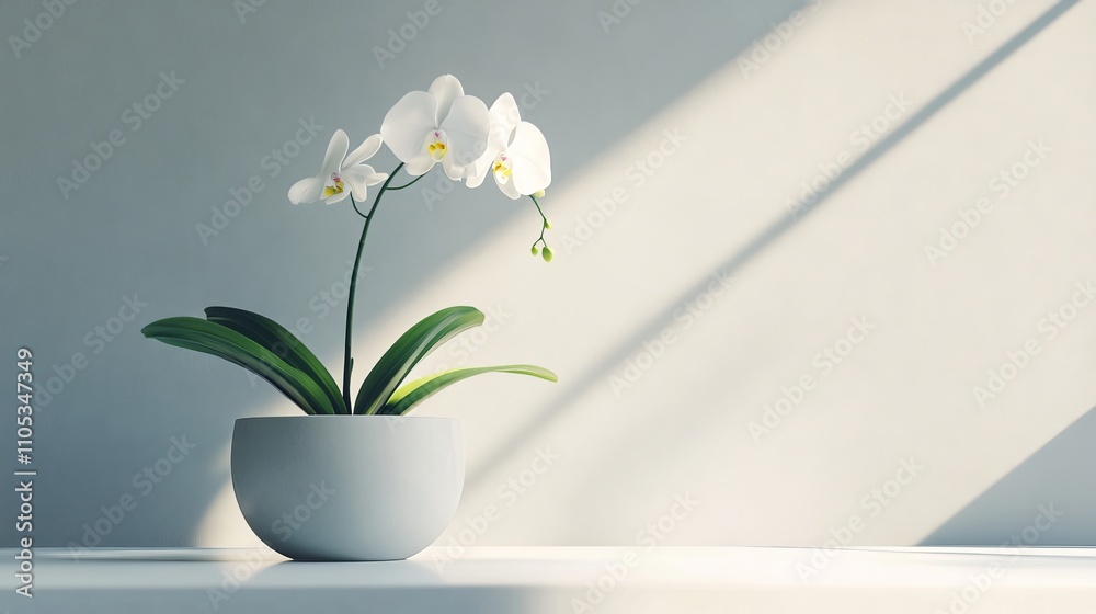 Elegant orchid in bloom within a simple ceramic planter on a clean white background Elegant orchid in bloom within a simple ceramic planter on a clean white background