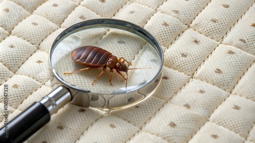 Bed bug on mattress under magnifying glass.a Bed Bug Crawling on Mattress Fabric Under a Magnifying Glass, Showcasing Detailed Insect Features