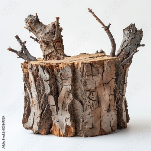 Rustic wood decor with oak stump  log fire driftwood. photo