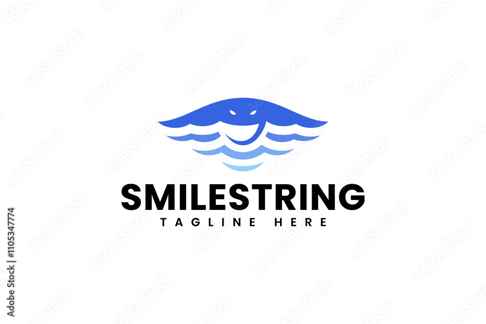 blue stingray fish and sea wave with smile shape modern logo design template for fish tank, aquatic, marine, fishing sport company business blue stingray fish and sea wave with smile shape modern logo design template for fish tank, aquatic, marine, fishing sport company business