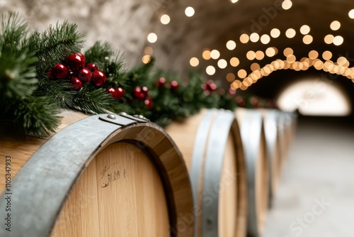 A close-up of a wooden table in a wine cellar with copy space.
