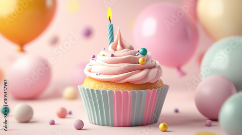 A playful 3D cupcake with smooth pink frosting, a glowing candle, and tiny celebratory decorations like balloons and scattered confetti.