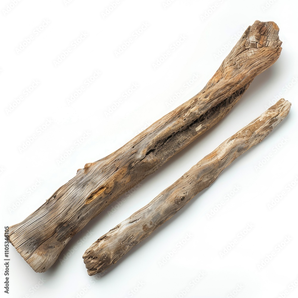 Driftwood on white background old wooden stick by the sea Driftwood on white background old wooden stick by the sea