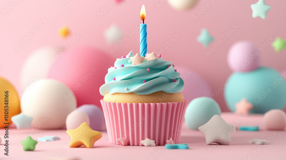 A whimsical 3D cupcake design with creamy pastel frosting, a lit candle, and tiny celebratory elements scattered around. A whimsical 3D cupcake design with creamy pastel frosting, a lit candle, and tiny celebratory elements scattered around.