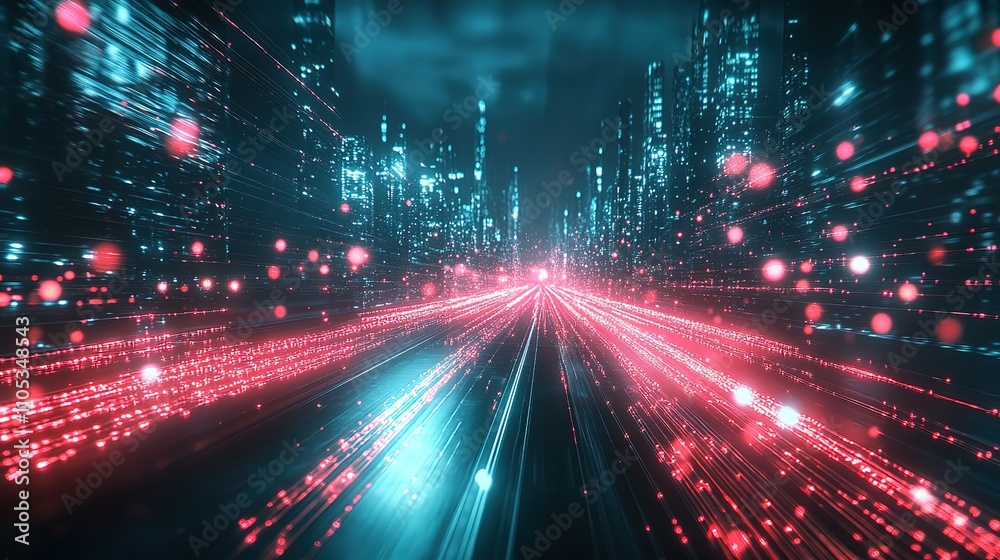 Futuristic city highway at night with glowing red and blue lines. Futuristic city highway at night with glowing red and blue lines.