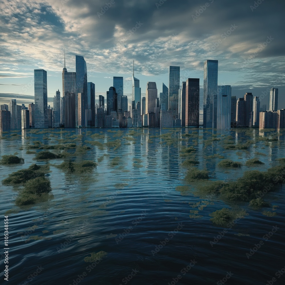 Fototapeta premium Flooded cityscape reflects climate change impacts. Skyscrapers submerged in rising water levels. City drowned in rising sea level future scenario of climate change. Water covers buildings. Serious