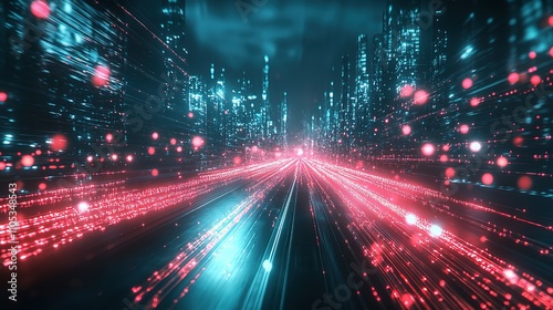 Futuristic city highway at night with glowing red and blue lines.