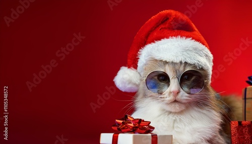 Frohe Weihnachten Urlaub Winter Grußkarte mit deutschem Text - Süße Katze mit Weihnachtsmannmütze und Sonnenbrille und Geschenken, isoliert auf rotem Hintergrund