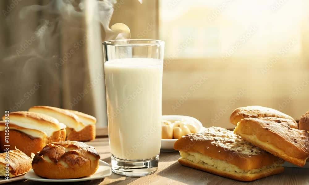 A cozy breakfast scene featuring baked goods and a glass of milk on a wooden table. A cozy breakfast scene featuring baked goods and a glass of milk on a wooden table.