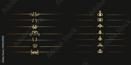 Luxury golden divider thin lines with elegant swirls for text or chapter separation. Vintage gold border separator with flourish ornament. Elegant embellish for wedding invitation card, decoration.