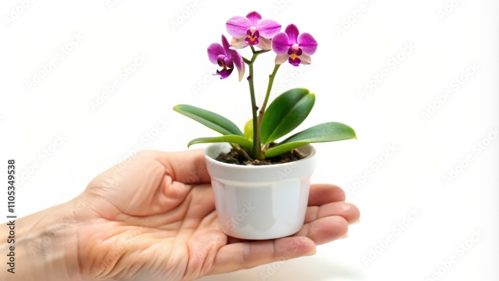 Pink Orchid Plant Held in Hand Against White Background Pink Orchid Plant Held in Hand Against White Background