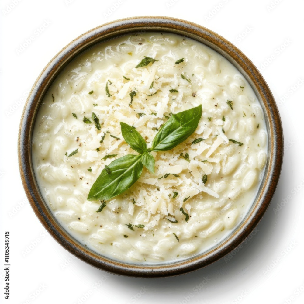 Creamy risotto bowl topped with parmesan cheese and herbs, adding texture and creaminess to the rice, on an isolated white background. Creamy risotto bowl topped with parmesan cheese and herbs, adding texture and creaminess to the rice, on an isolated white background.
