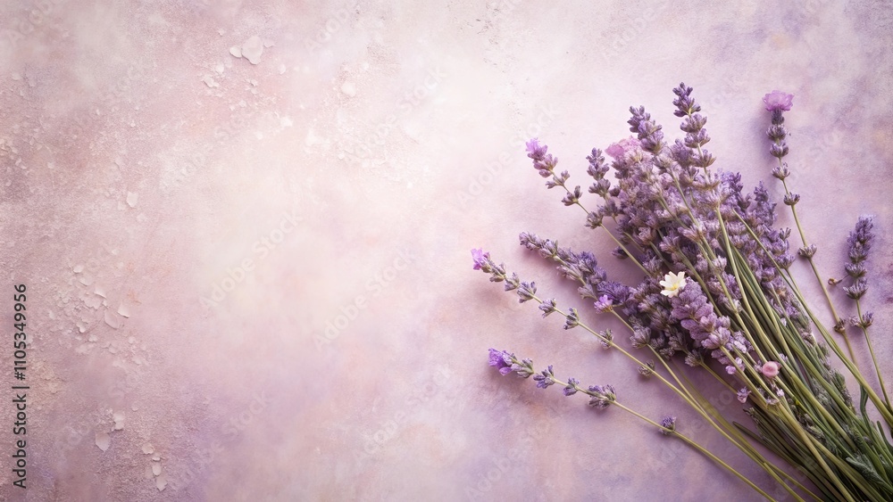 Fototapeta premium A delicate bouquet of lavender blossoms rests on a soft, textured purple background, perfect for invitations, cards, or blog design.