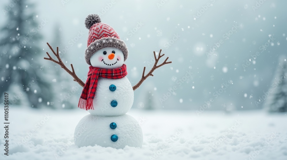 Fototapeta premium Cheerful snowman with a hat and scarf, surrounded by falling snow in a winter landscape