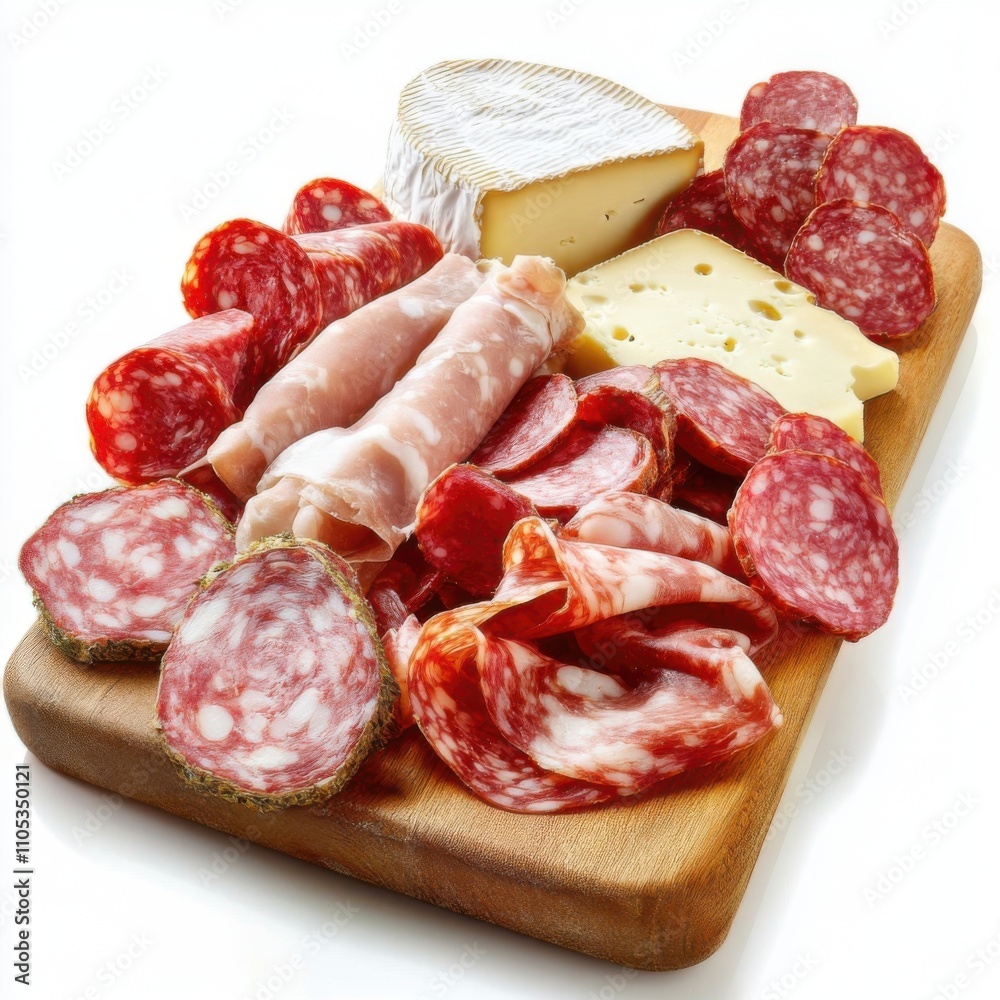 Top view of wooden tray with assorted cured meats and cheeses, beautifully arranged, placed on isolated white background. Top view of wooden tray with assorted cured meats and cheeses, beautifully arranged, placed on isolated white background.