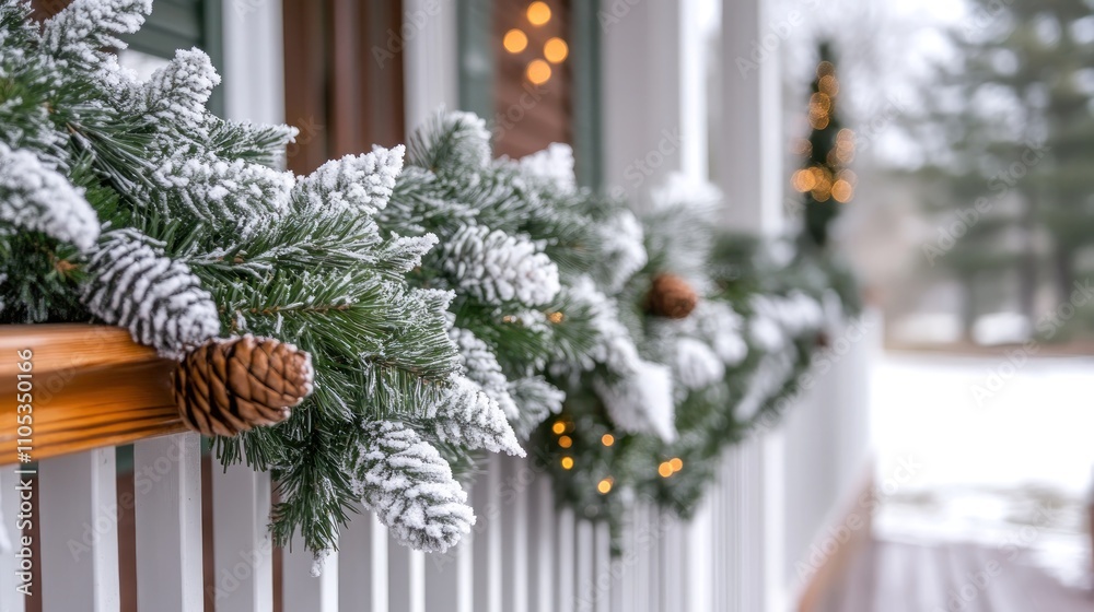 Green garland with frosty white tips, hanging from a front porch railing for Christmas Green garland with frosty white tips, hanging from a front porch railing for Christmas