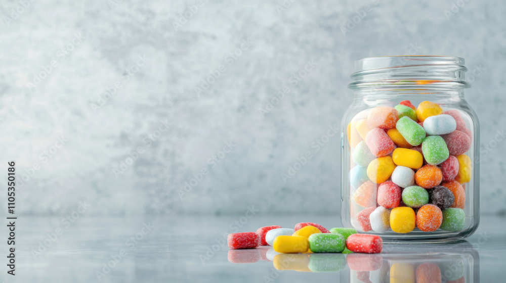 Sweets snacks junk diet food concept. Colorful candies in a glass jar on a table Sweets snacks junk diet food concept. Colorful candies in a glass jar on a table