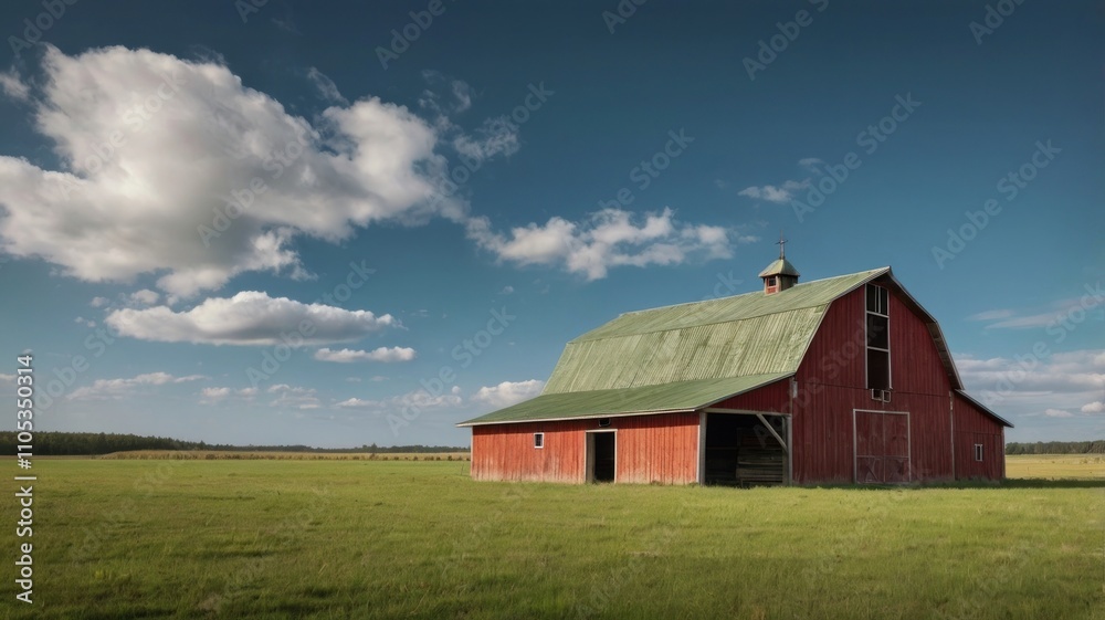 Rustic red barn in a green field under a bright blue sky with fluffy white clouds. Rustic red barn in a green field under a bright blue sky with fluffy white clouds.