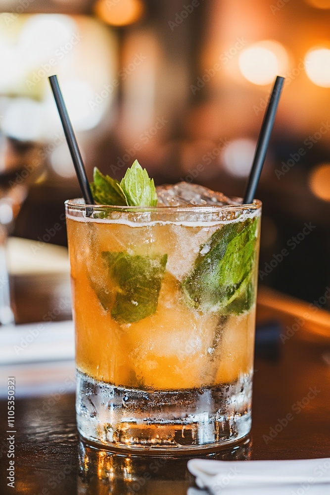 Chilled cocktail with mint on bar counter Chilled cocktail with mint on bar counter