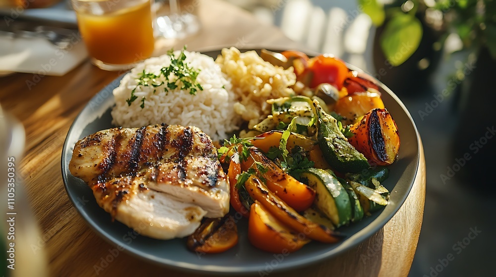A fresh meal served on a dining table, with roasted vegetables, grilled chicken, and a side of rice, all placed neatly in a kitchen 