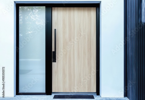 Light oak wood grain door with black trim and frosted sidelight in bright entrance.