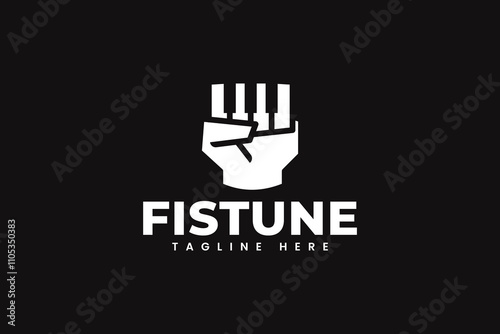 fist hand with piano notes negative space silhouette modern logo design template for music instrument and entertainment company business