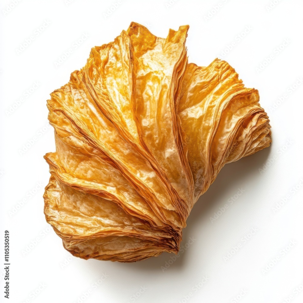 Top view of croissant with golden bread layers, illuminated to highlight the delicate folds and textures, on an isolated white background.