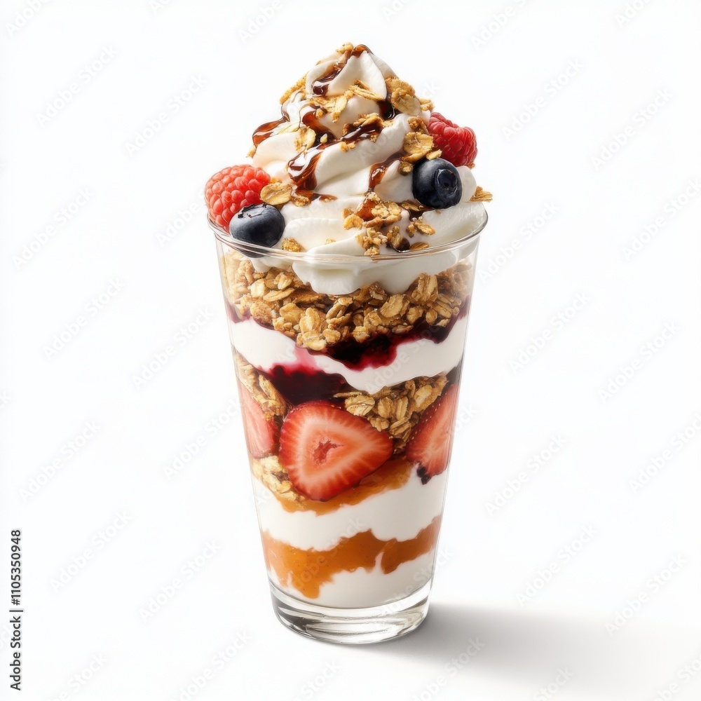 Close-up of fresh fruit parfait with yogurt, berries and granola in a clear glass on an isolated white background. Close-up of fresh fruit parfait with yogurt, berries and granola in a clear glass on an isolated white background.