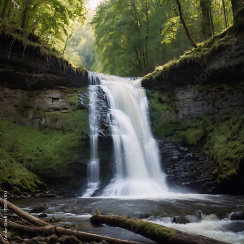 Flüsse - Tosender Wasserfall inmitten grüner Wälder photo