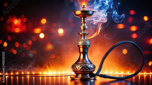 Ornate Golden Hookah with Smoke and Bokeh Lights