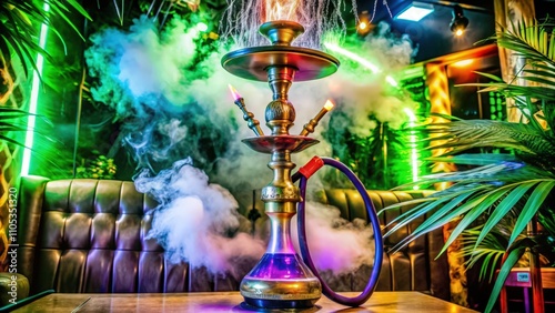 A Hookah Set Up on a Wooden Table in a Tropical-Themed Lounge photo