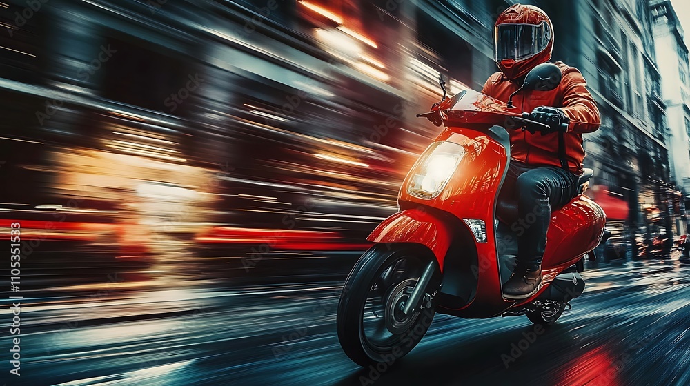 Obraz premium A delivery man riding a scooter through a bustling cityscape.