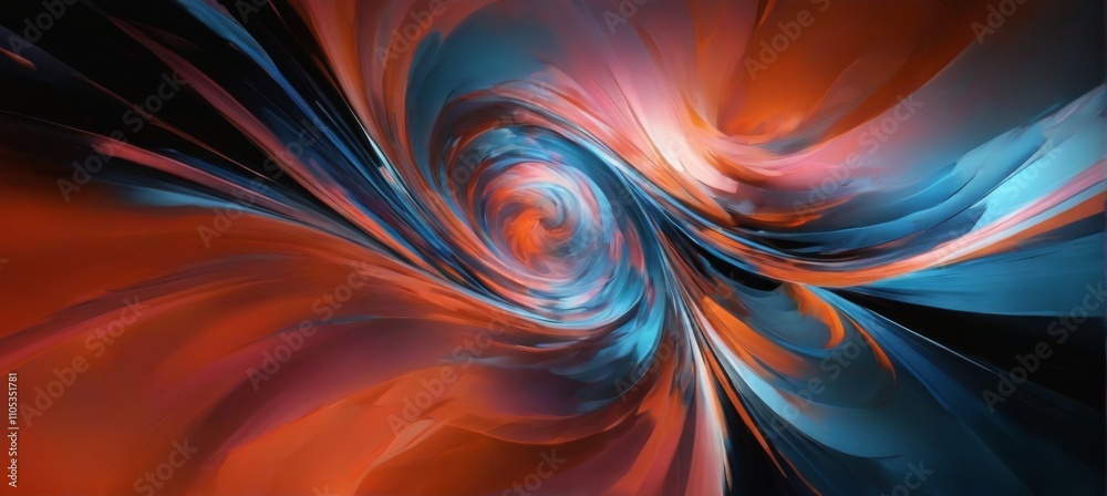 Abstract digital art depicting a vibrant spiral vortex on a black background with red, orange, and blue colors suggesting movement. Abstract digital art depicting a vibrant spiral vortex on a black background with red, orange, and blue colors suggesting movement.